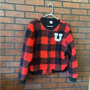 PINK Utah Utes University of Utah Buffalo Check Sherpa Jacket Coat Small